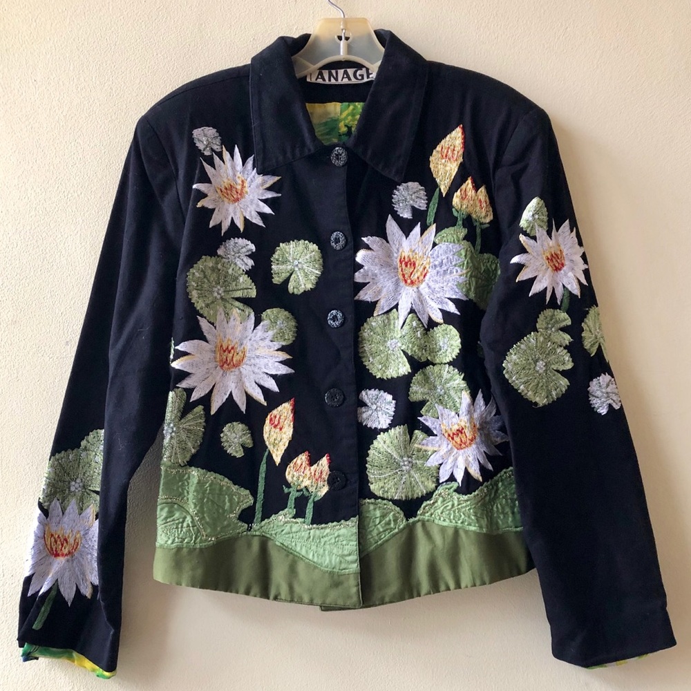 80s vintage black embroidered blazer lily pads